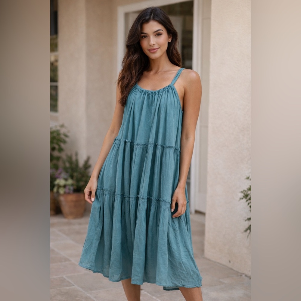 Elan Women’s Aqua Blue Teal 3 Tier Halter Midi Dress with Pockets EUC Small